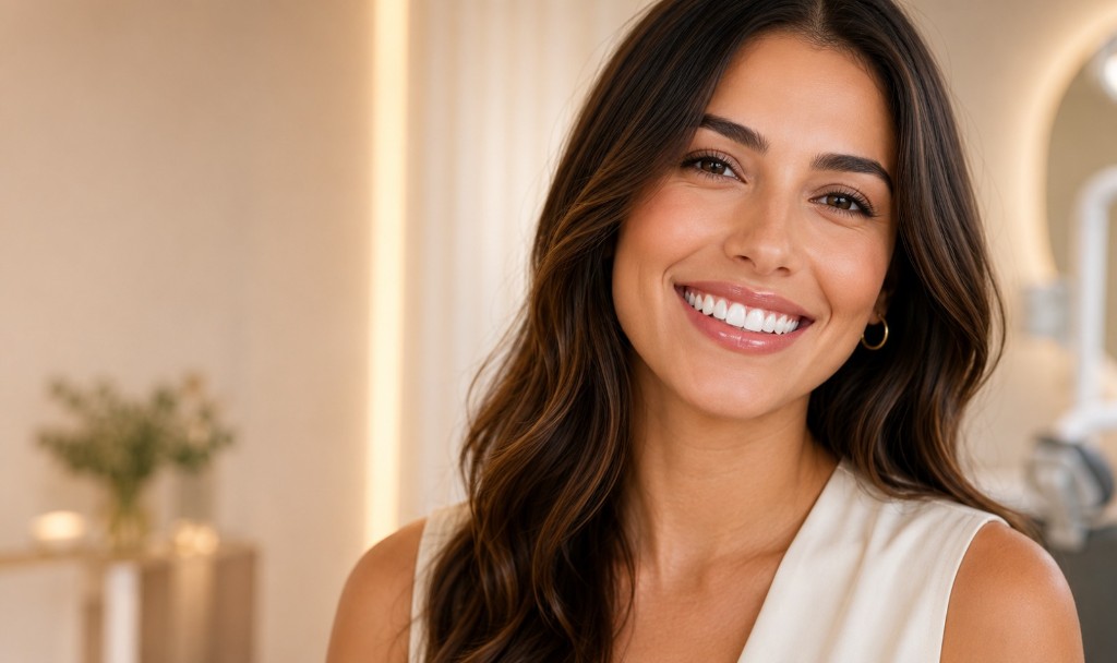 Mujer sonriendo con dientes blancos perfectos en un consultorio dental moderno